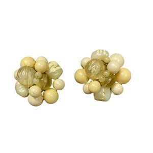 Vintage Signed Japan White and Cream Beaded Hand made Clip on Earrings